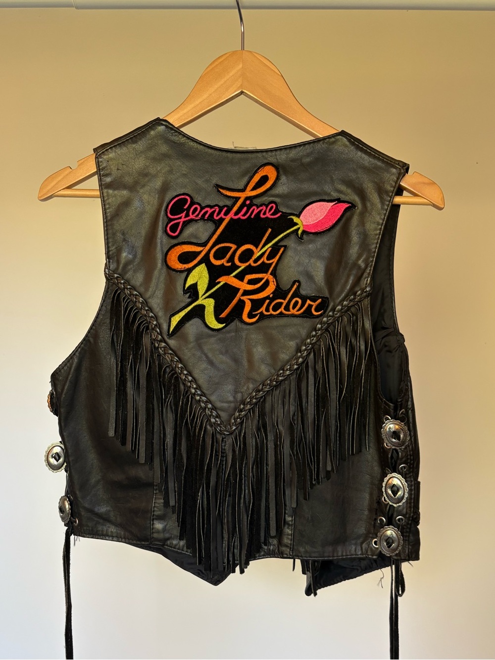 Genuine Vintage Rose Lady Rider Black Fringe Leather Motorcycle Vest